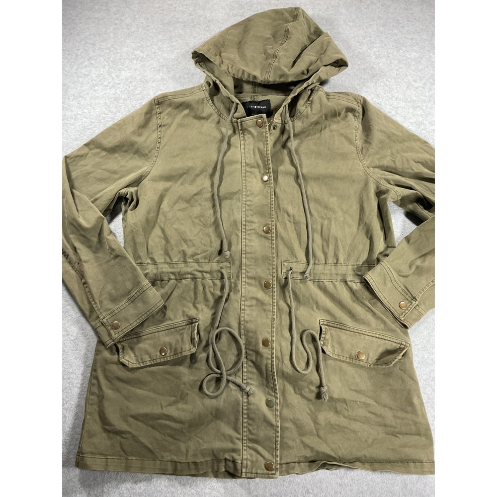 Lucky Brand Womens Olive Green Hooded Utility Jacket Field Coat Large 2392